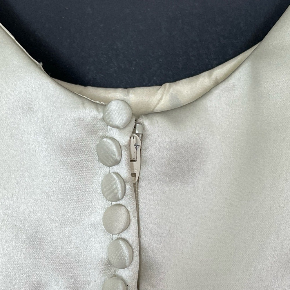 Womens Bridal Gown Cream Tea Length Satin Pleated Waist Elegant Minimalist Luxe - Picture 11 of 16